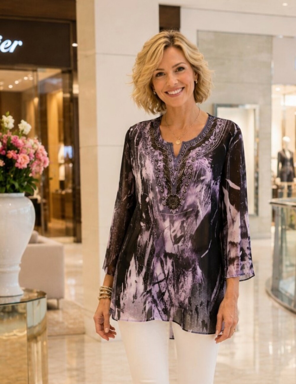 French Blue Sz 2X Embellished Purple and Black Watercolor Tunic Top